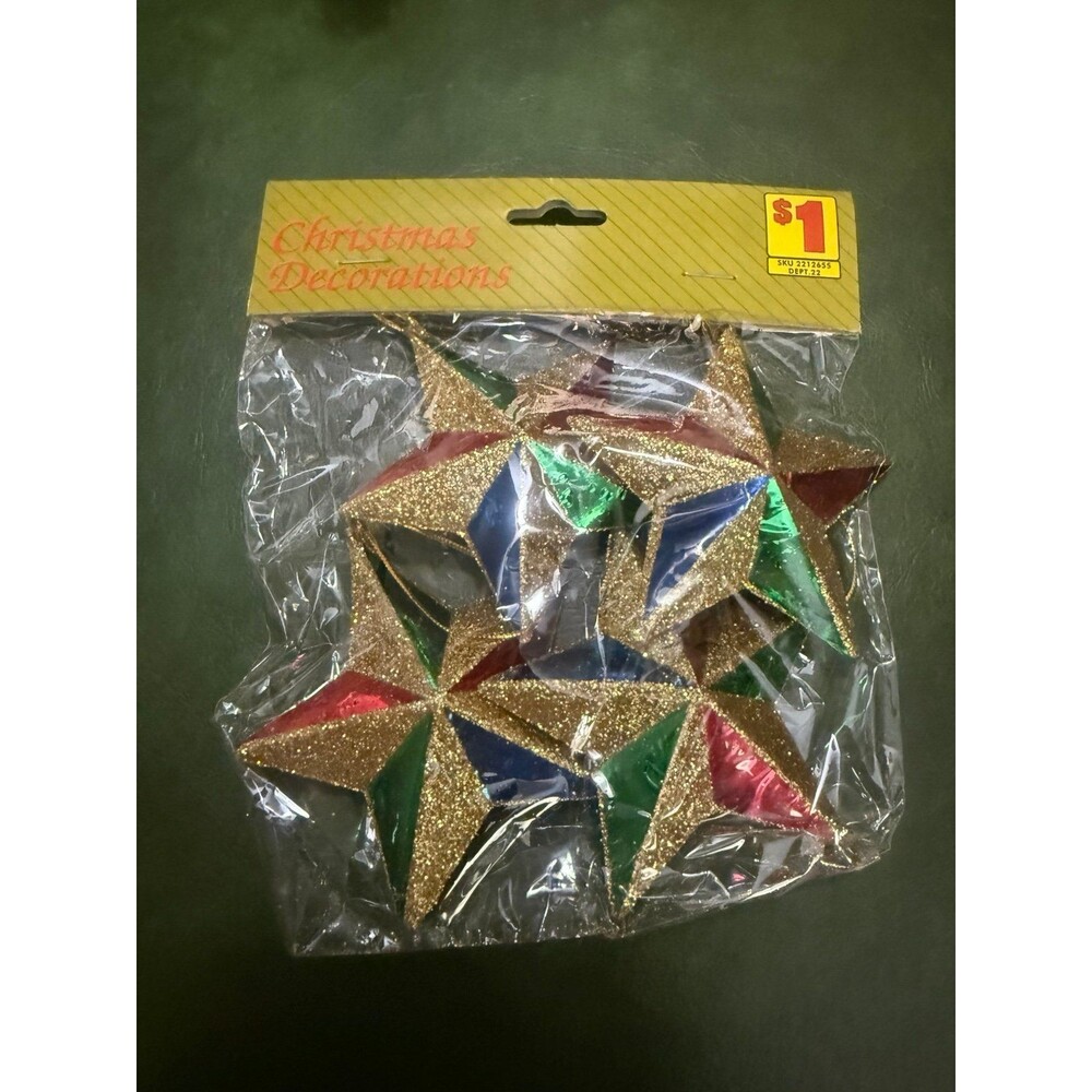 Vintage Family Dollar Glitter Star Ornaments Set of 4 Multicolor 3D Holiday